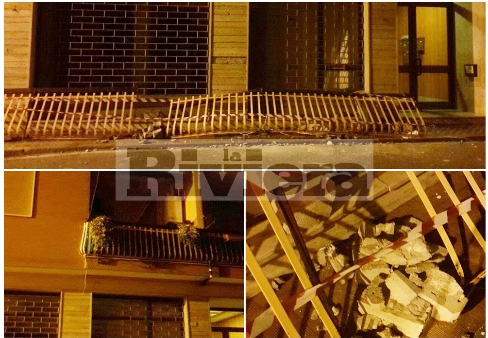 CROLLANO DUE LUNGHE RINGHIERE E PARTI DI UN BALCONE A VENTIMIGLIA/ TRAGEDIA SFIORATA/ FOTO