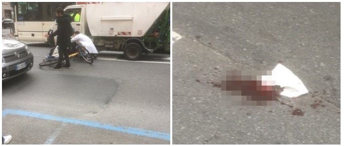 Ciclista ferito dopo essere finito contro mezzo della nettezza urbana a Ventimiglia