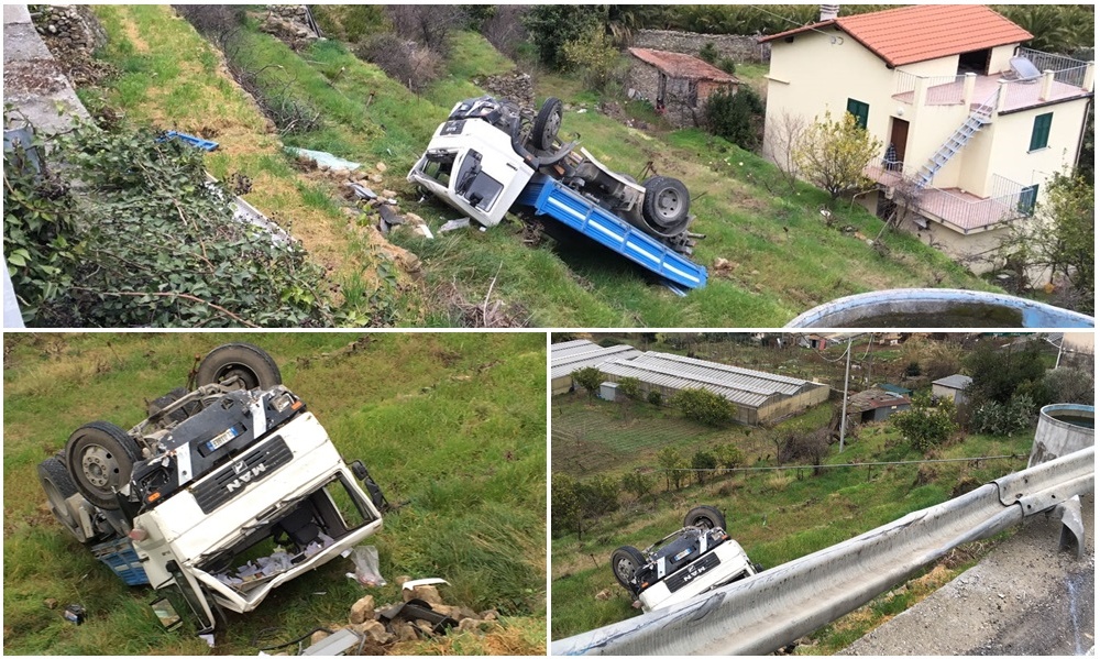 DOLCEACQUA: CAMIONISTA 47ENNE SANREMESE VOLA NELLA SCARPATA/ SALVO PER MIRACOLO/ FOTO
