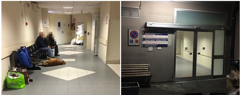 ESCLUSIVA A IMPERIA: L’INGRESSO DELL’OSPEDALE DIVENTA UN “LETTO” PER DUE CLOCHARD E UN CANE/ FOTO