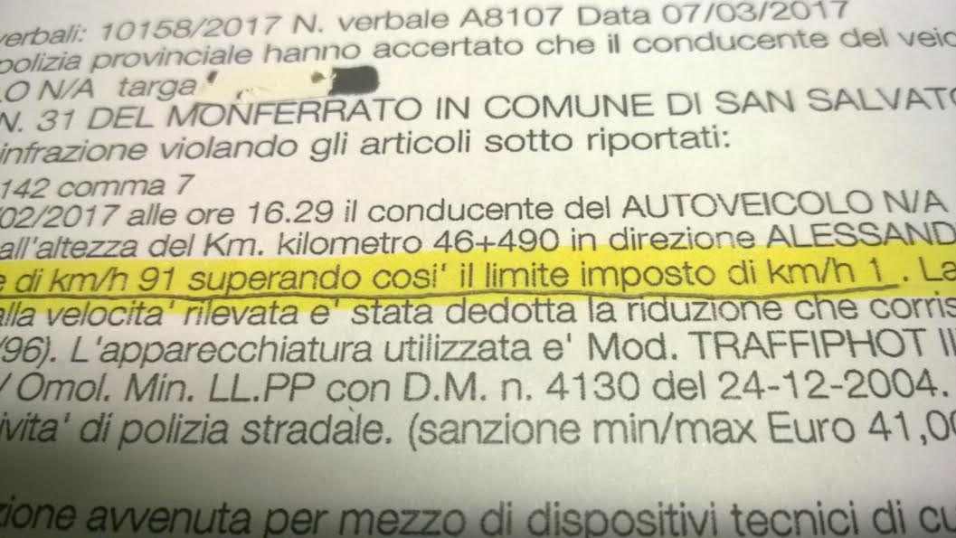 GROTTESCO: SANREMESE MULTATO PERCHE’ PROCEDE AI 91 KM/H DOVE IL LIMITE DI VELOCITA’ E’ DI 90