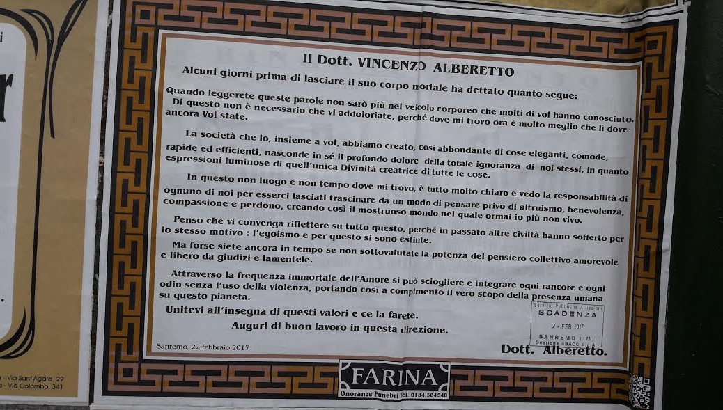 LA SINGOLARE “LETTERA MANIFESTO” POCO PRIMA DI MORIRE DEL DOTTORE SANREMESE VINCENZO ALBERETTO