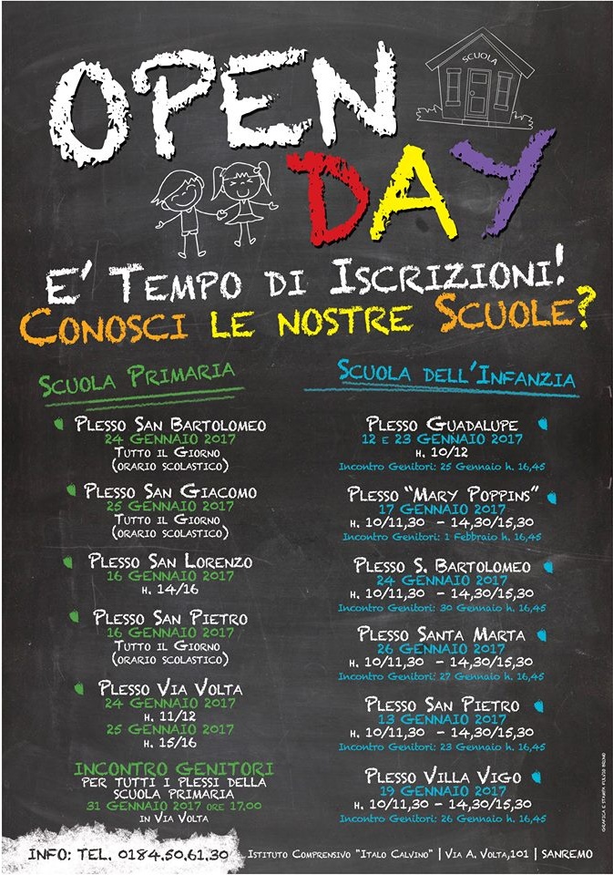 LE DATE DELL’OPEN DAY – SCUOLE APERTE AI GENITORI  NEI PLESSI DELL’ISTITUTO CALVINO DI SANREMO