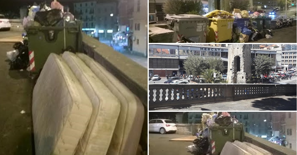 MATERASSI GETTATI VICINO AI CASSONETTI IN PIAZZA EROI E RUMENTA SOTTO I CARTELLI DI DIVIETO/ BENVENUTI A SANREMO