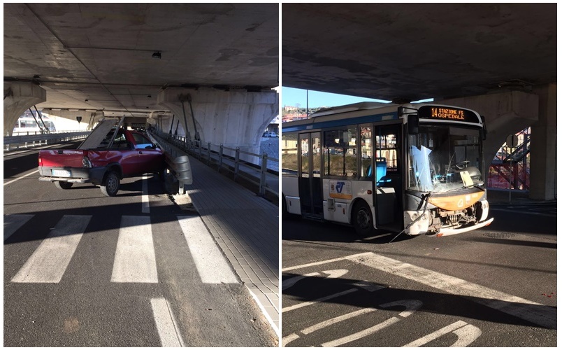 Scontro tra bus e auto sul nuovo pontino sotto il tracciato ferroviario a Imperia