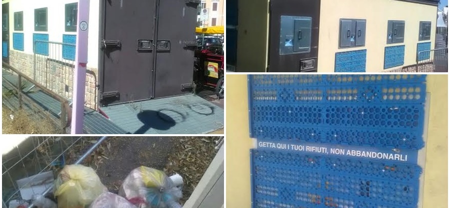 UN ECOPUNTO  CHIUSO IN PIENO CENTRO E MAI  UTILIZZATO/ E I RIFIUTI ABBANDONATI AI SUOI PIEDI