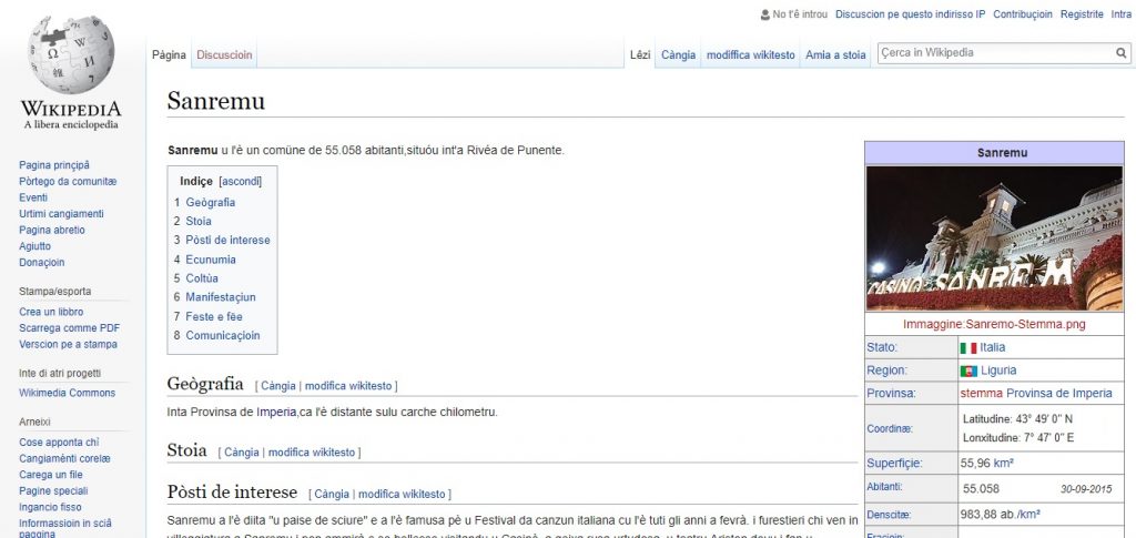 Su Wikipedia la città di Sanremo è descritta in dialetto