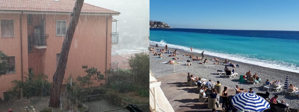 Clima beffardo: Imperia sommersa dalla grandine mentre a Nizza si va al mare