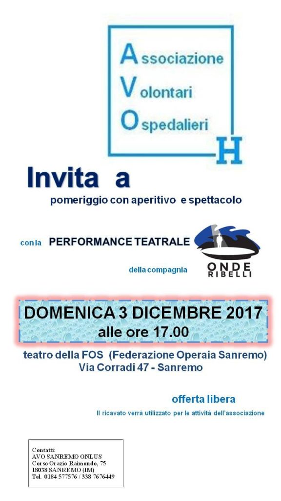Aperitivo con spettacolo teatrale dell’AVO Sanremo