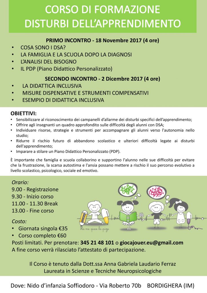 Disturbi dell’apprendimento, corso per insegnanti e genitori a Bordighera
