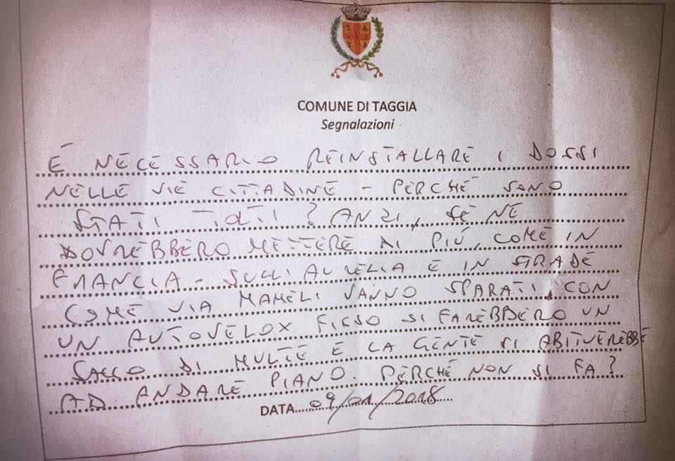 Il Comune di Taggia pronto a installare di nuovo i dossi