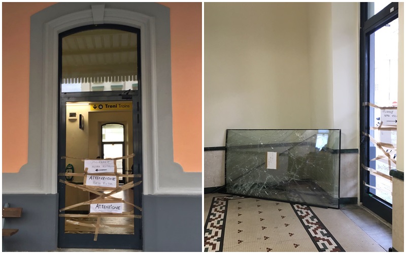 Vandali in azione alla stazione ferroviaria di Bordighera: distrutta una porta/ Foto