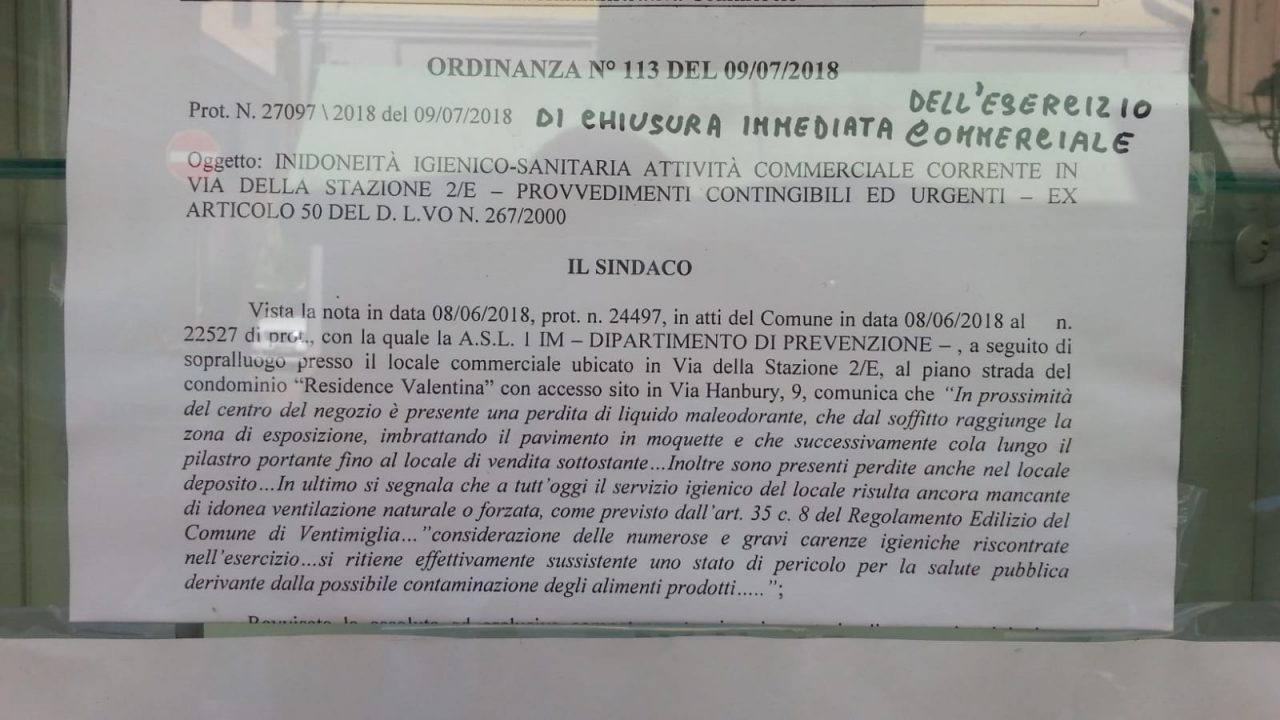 Carenze igienico sanitarie: Comune di ventimiglia chiude un negozio