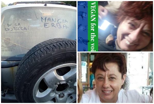 W la bistecca e Mangia erba  scritte provocatorie su auto attivista vegana