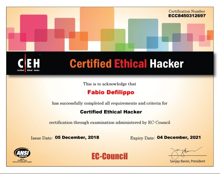 Fabio Defilippo Sanremo Certified Ethical Hacker