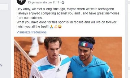 Gli auguri di Fabio Fognini all'amico-rivale Andy Murray costretto a lasciare il tennis