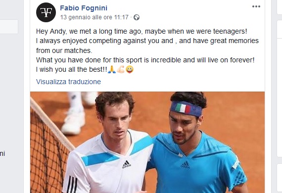 Gli auguri di Fabio Fognini all’amico-rivale Andy Murray costretto a lasciare il tennis