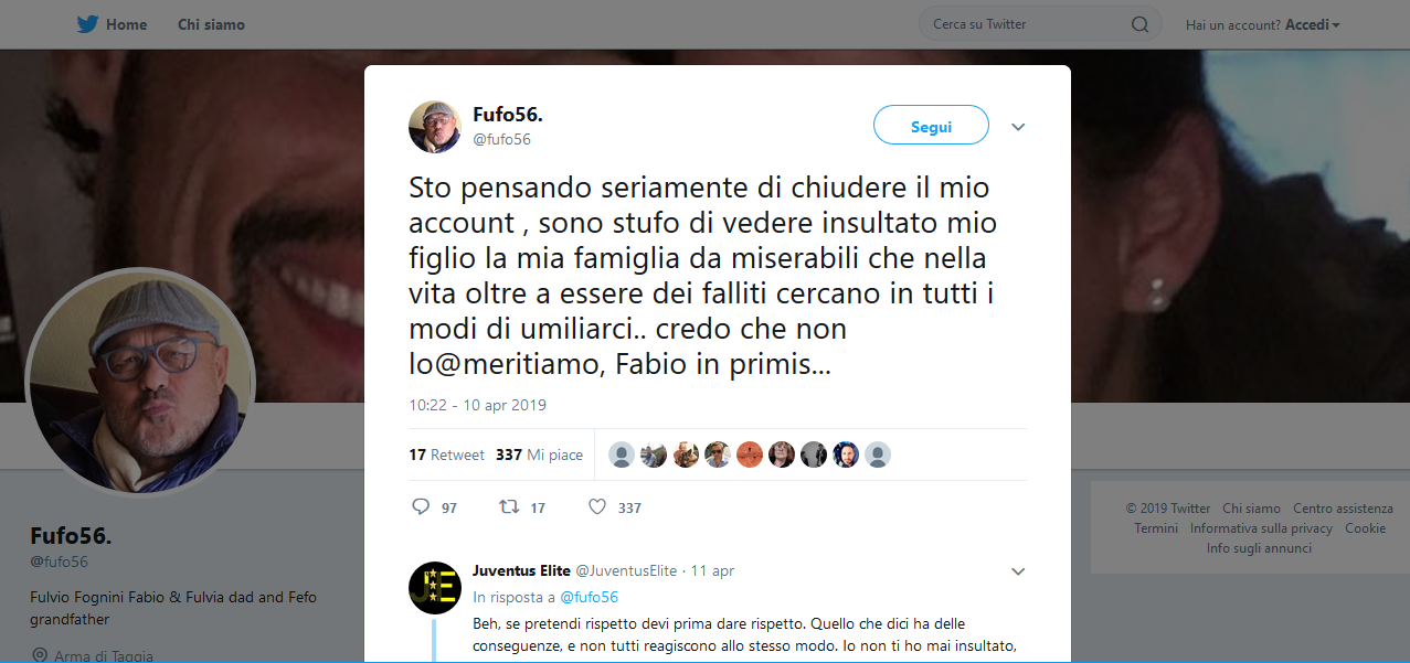 Lo sfogo su twitter del papà di Fabio Fognini: “Stufo di vedere insultare mio figlio”