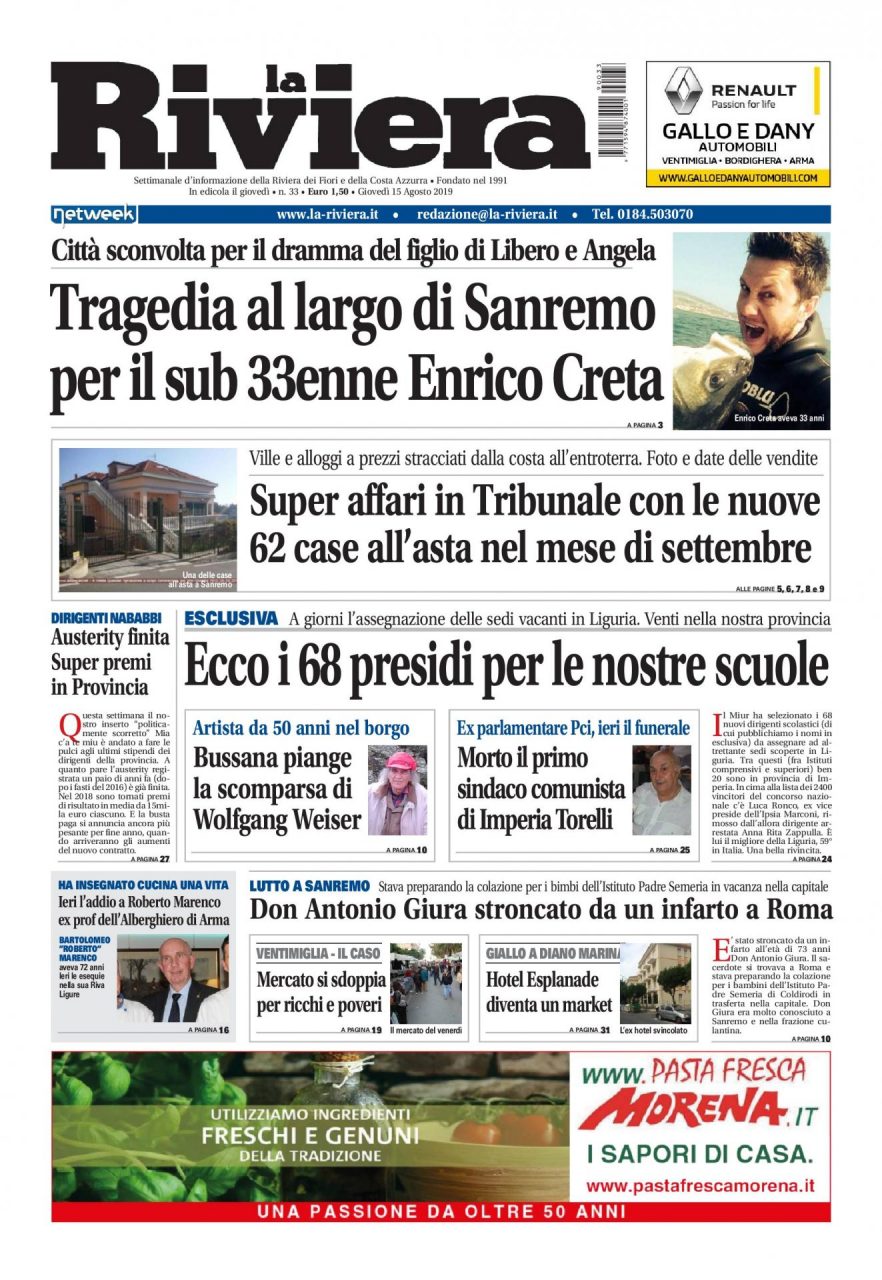 Le case all’asta di settembre, la lista dei nuovi 68 presidi e il dramma di Enrico Creta su La Riviera in edicola