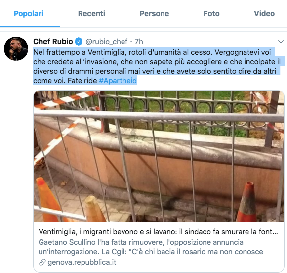 Lo chef Rubio su Twitter interviene sulla polemica della fontanella di Ventimiglia