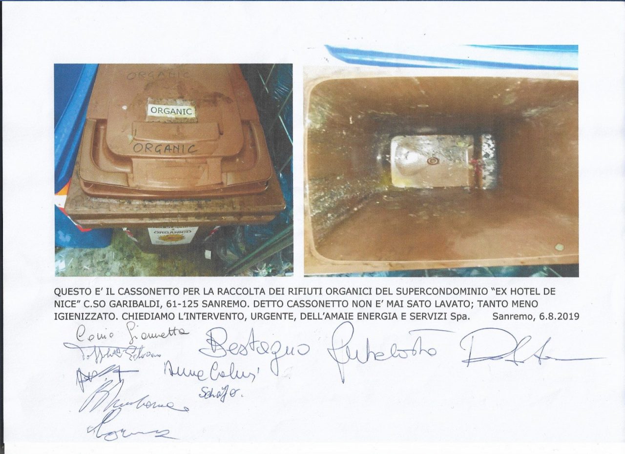 Cassonetto dell’umido mai stato lavato: sanremese fa segnalazione all’ufficio igiene Asl