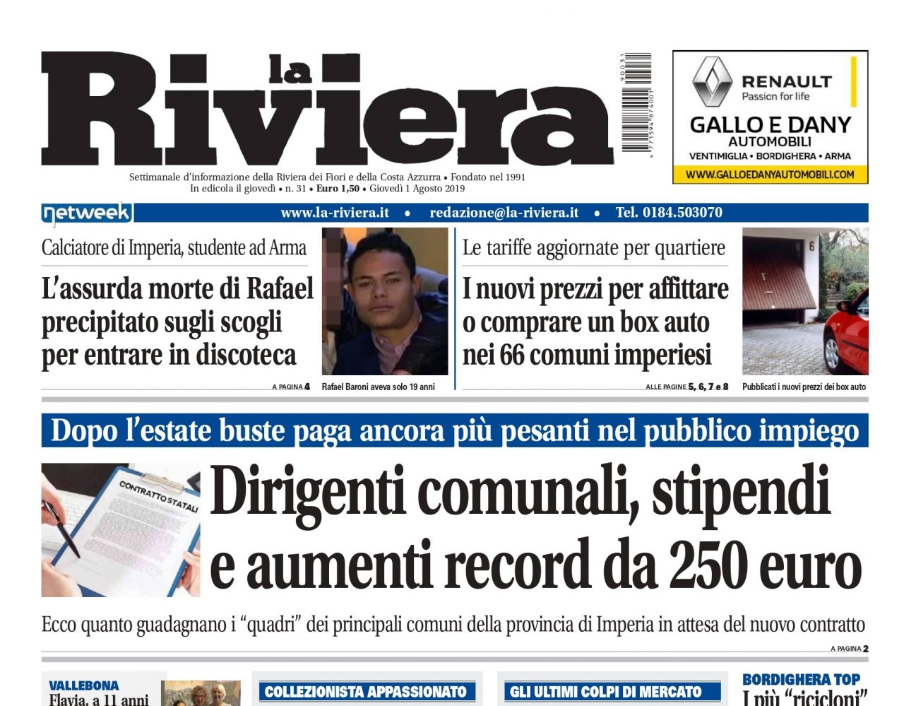 Un nuovo numero de La Riviera è in edicola: aumenti da record per i dirigenti pubblici. I super stipendi nei nostri comuni