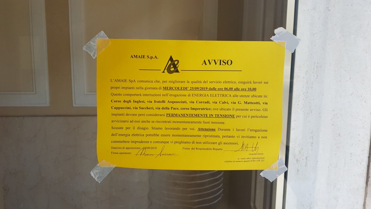 Interruzione dell’energia elettrica a Sanremo mercoledì 25. Ecco dove