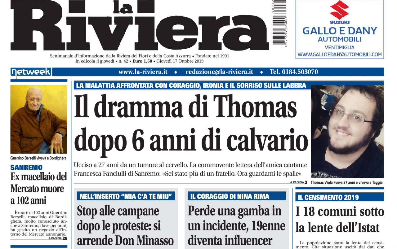 Il calvario di Thomas morto a 27 anni e i comuni sotto la lente dell’Istat su La Riviera in edicola