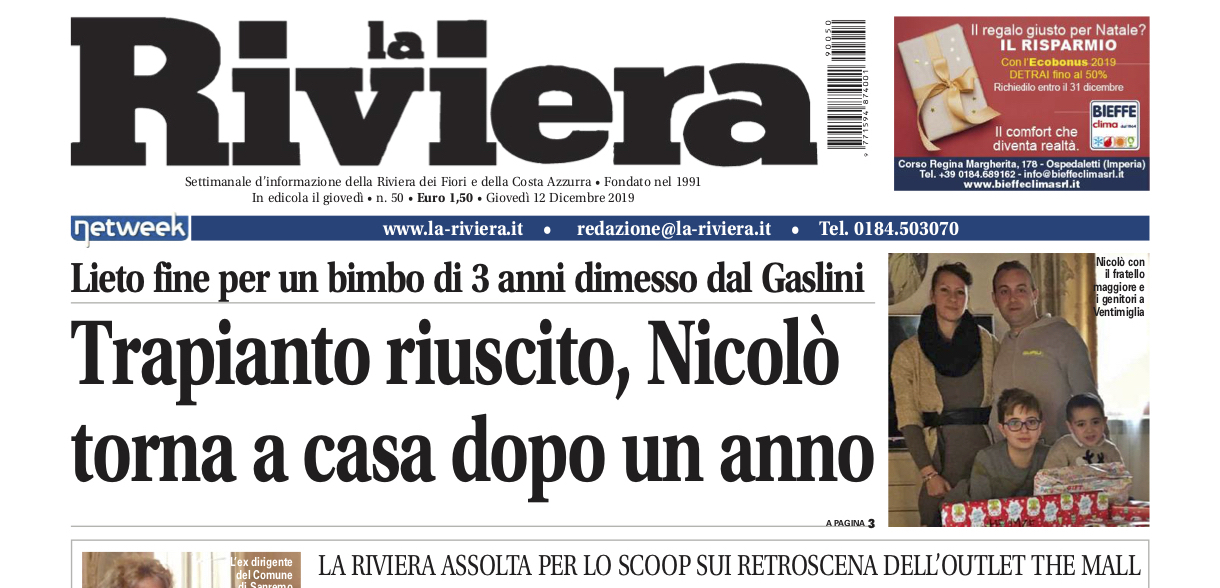 La storia di Nicolò, 3 anni, a casa per Natale dopo un anno al Gaslini su La Riviera in edicola