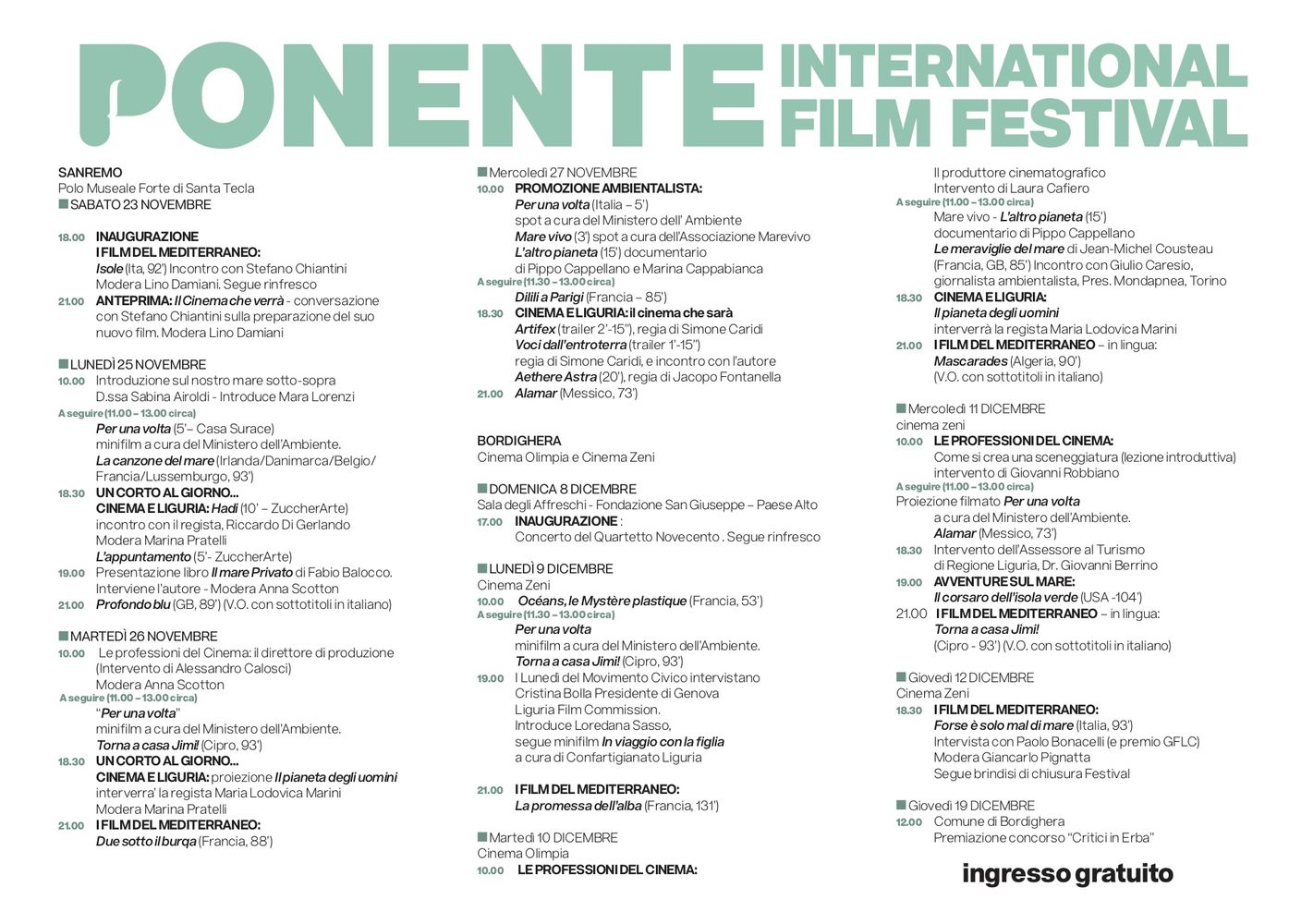 Ponente Film Festival Bordighera dicembre 2019 Programma1