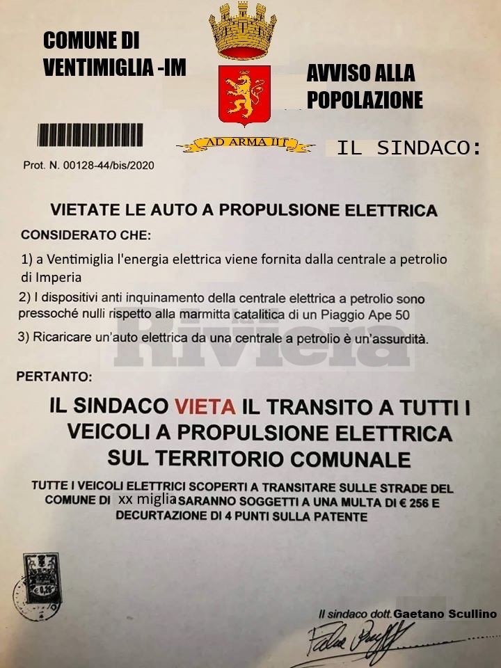 Ventimiglia: sindaco vieta transito auto elettriche, ma è un fake