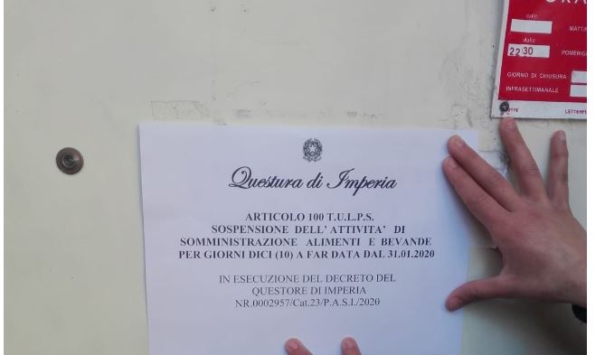 Sospensione di cibo e bevande per un presunto circolo privato
