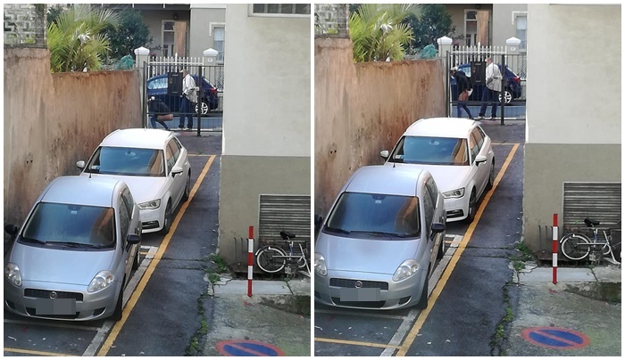 Fanno la pipì in coppia davanti al cancello di una palazzo. Scoppia l’indignazione