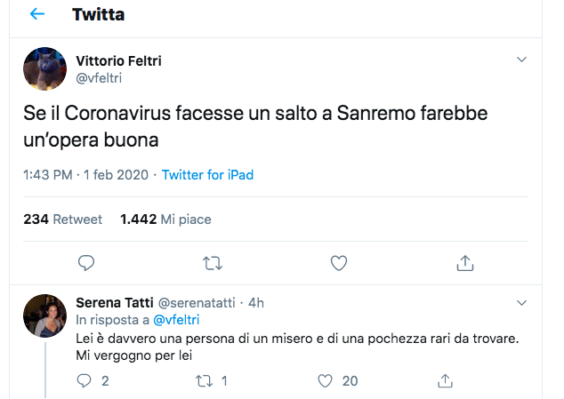 “Il coronavirus a Sanremo un’opera buona”: il tweet di Feltri fa subito scandalo