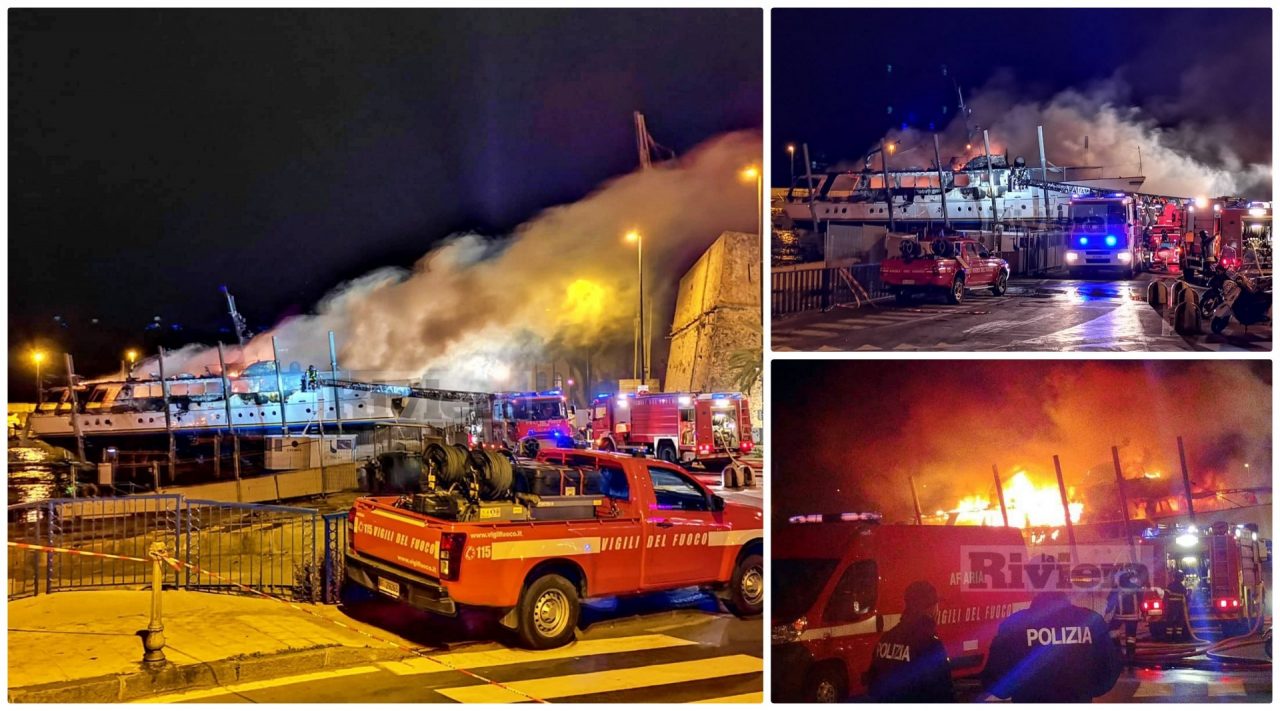 Spente a tarda notte le fiamme dello yacht Pamela IV a Sanremo. Foto e video