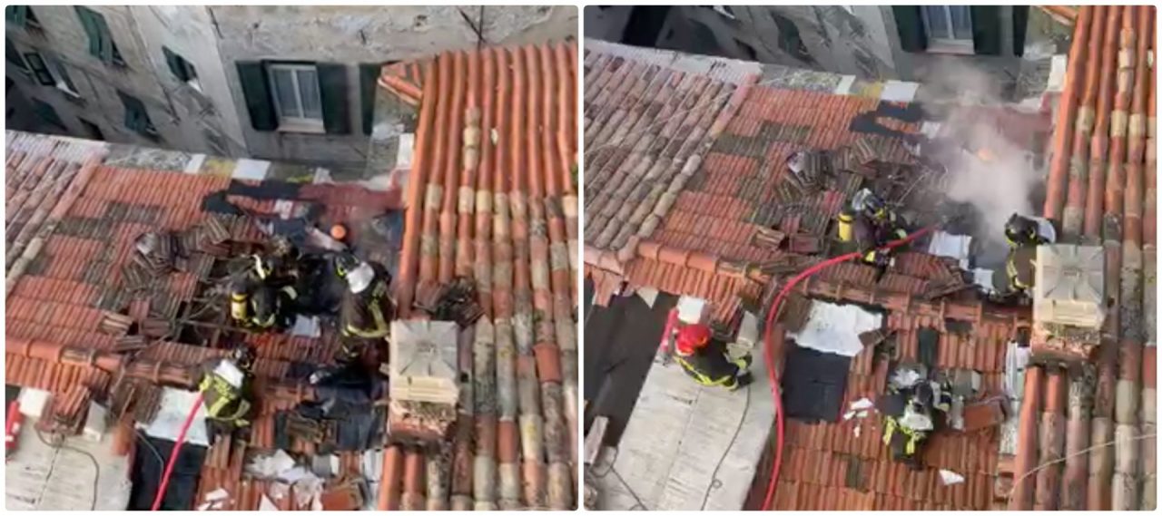 Brucia un tetto a Ventimiglia, vigili del fuoco sul posto. Foto e Video