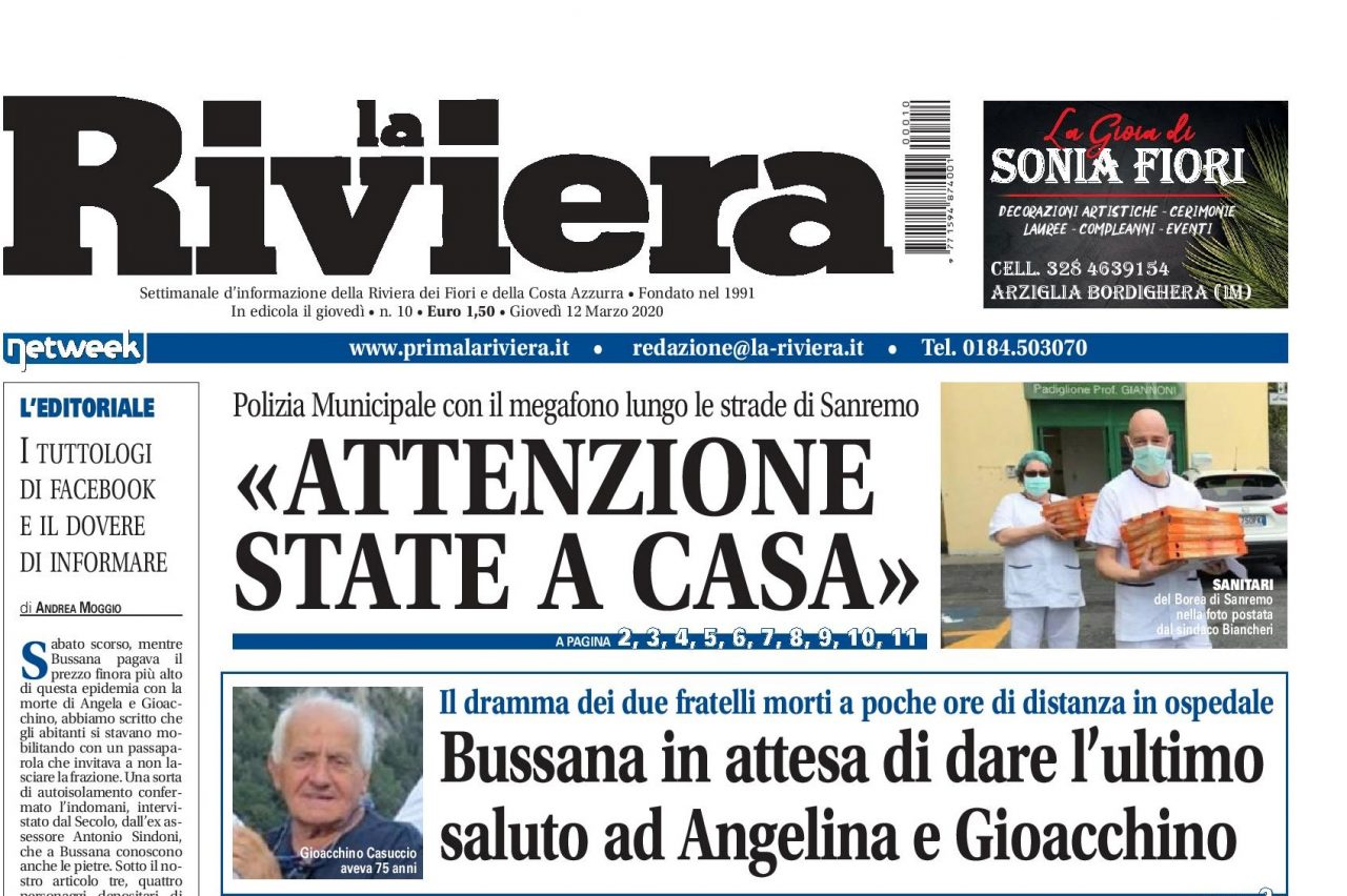 LE EDICOLE SONO APERTE – Oggi La Riviera con uno speciale di 10 pagine sul coronavirus in provincia di Imperia