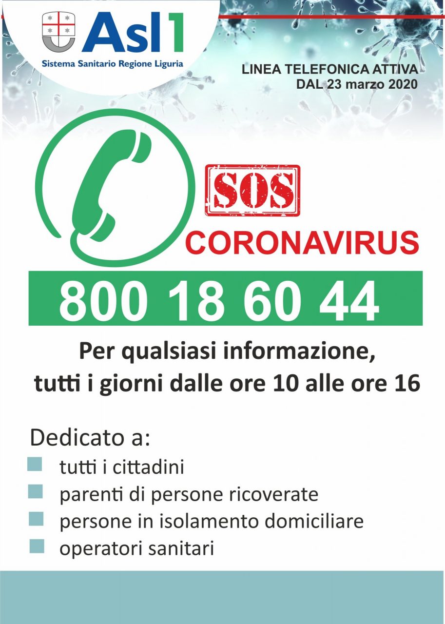 Sos Coronavirus il numero verde dell’Asl1 Imperiese