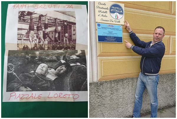“Tanti saluti da Piazzale Loreto” con le foto di Mussolini e Claretta Petacci al Circolo FdI