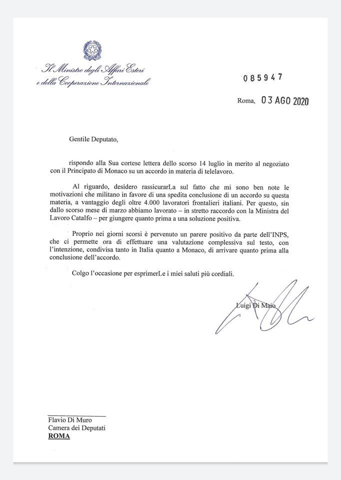 Lettera Luigi Di Maio Telelavoro Principato Monaco