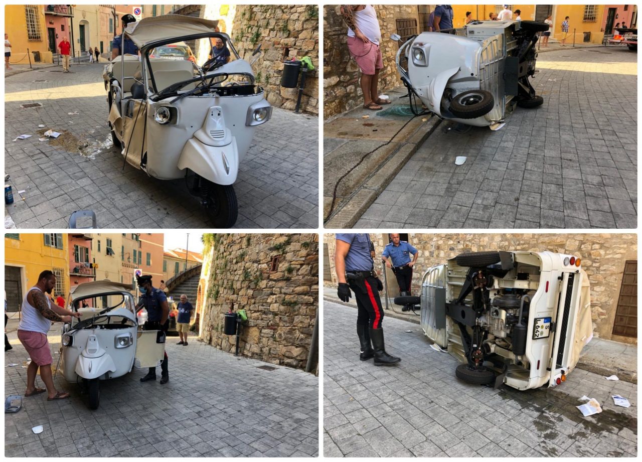 Motocarro con 3 giovani a bordo si cappotta al Parasio di Imperia, un ferito grave. Foto
