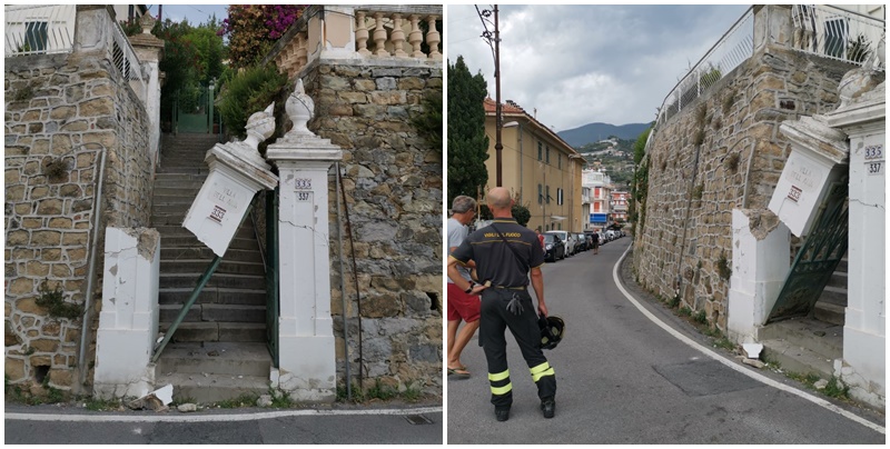 Telonato sbaglia manovra e distrugge colonna di un cancello in Via Goethe