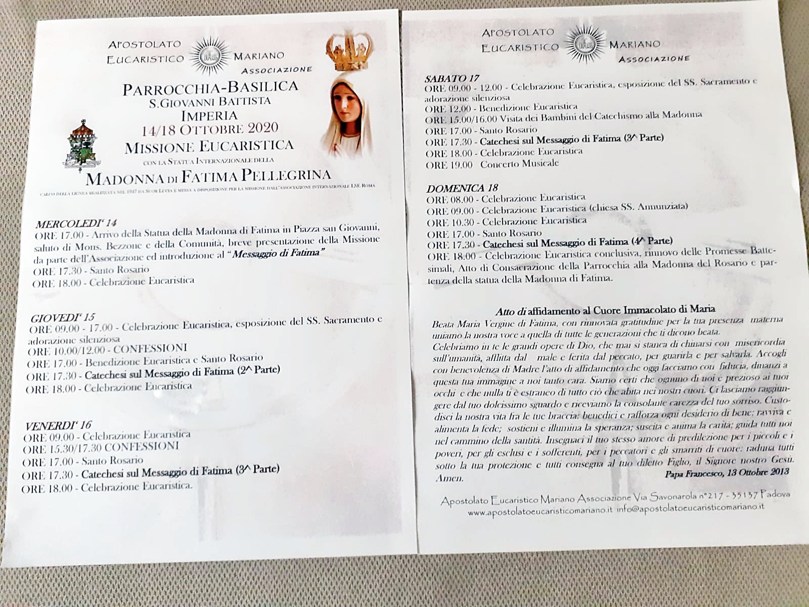 Madonna di fatima Imperia San Giovanni ottobre 2020 programma