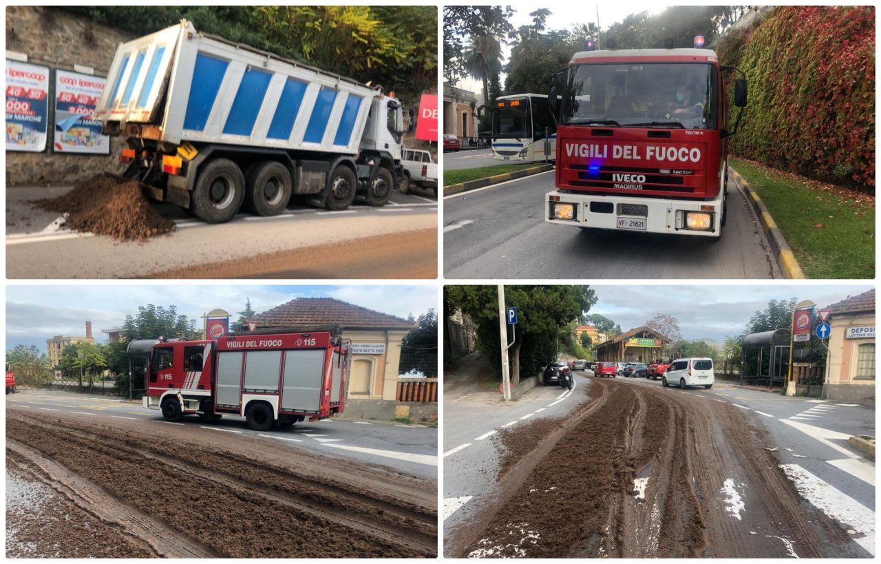 Camion perde quintali di sansa a Imperia Porto Maurizio. Le foto