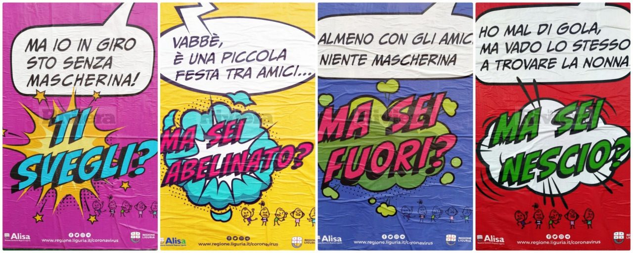 Manifesti a fumetti in città per la campagna contro il Coronavirus. Foto