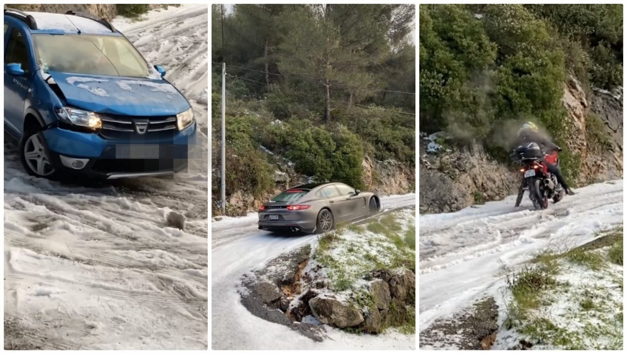 Le auto in dérapage sulle strada innevata sopra Montecarlo. Video