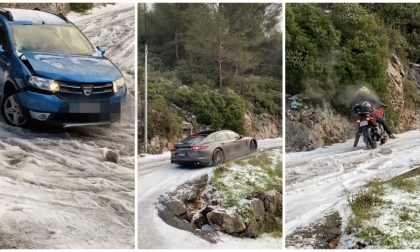 Le auto in dérapage sulle strada innevata sopra Montecarlo. Video