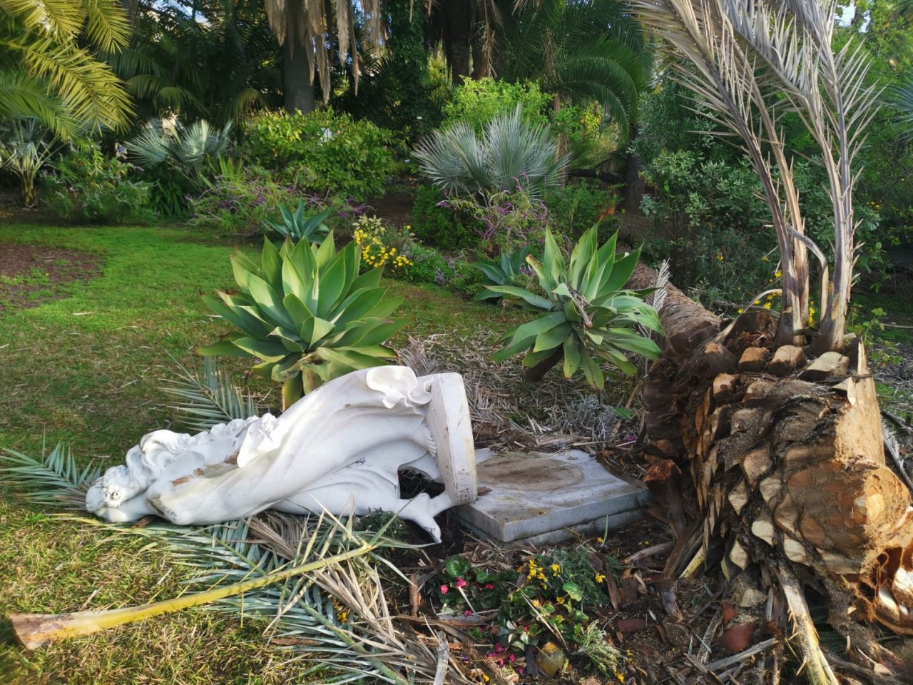 Crolla una palma danneggiata la statua della primavera