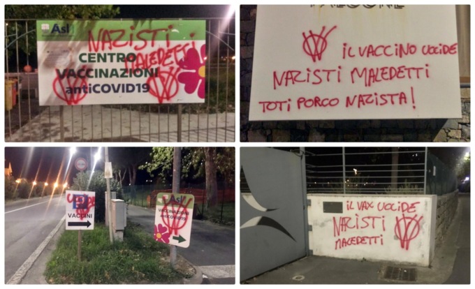 Novax di nuovo in azione al Palabigauda di Camporosso: “Nazisti maledetti”