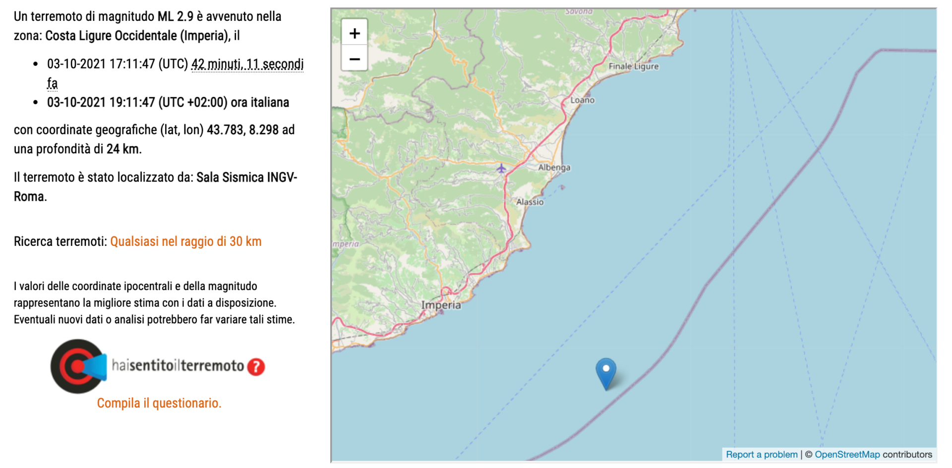 Terremoto 3 ottobre 2021 largo di Imperia